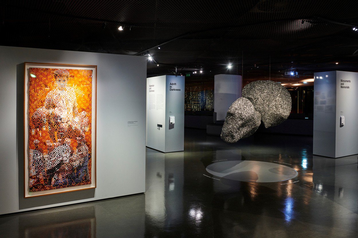 Image 06. 2022 Dinh Q. Le Photographing the Thread of Memory, Musée du Quai Branly _ Dinh Q. Le, Adrift in Darkness, 2017, Digital Print Awagami bamboo paper, laser cut and woven onto cane, installation view